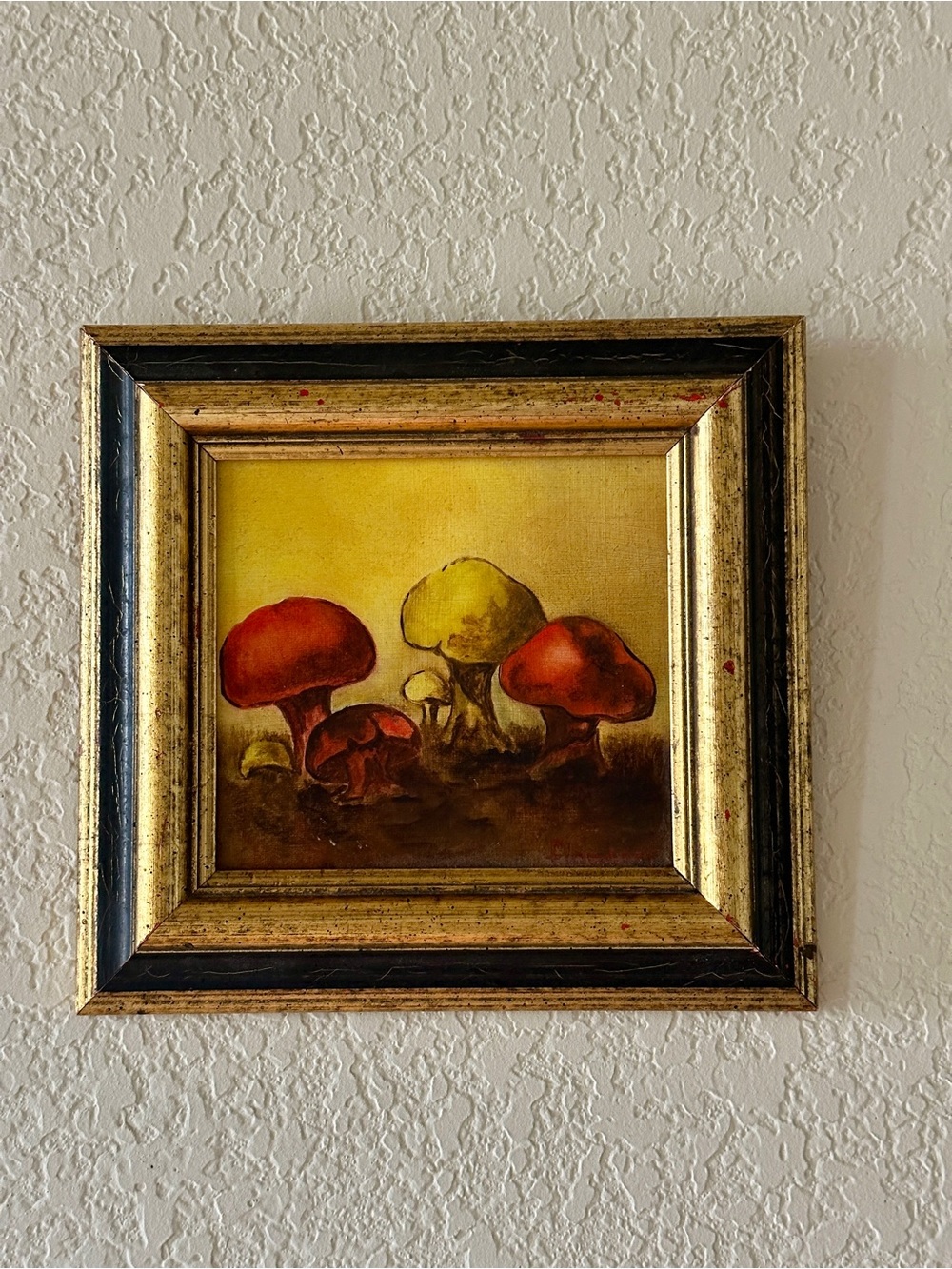 Mid-Century Vintage Mini Original Oil Painting Red & Yellow Mushrooms